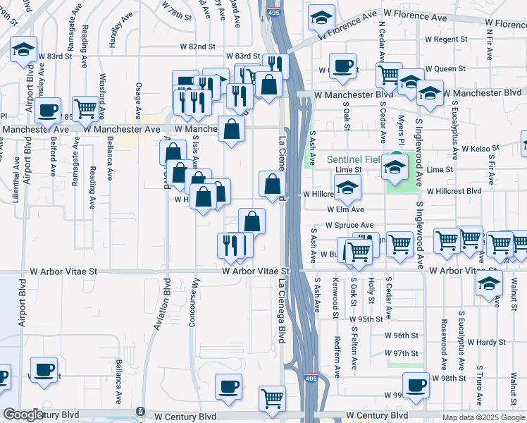 map of restaurants, bars, coffee shops, grocery stores, and more near 618 South Glasgow Avenue in Inglewood