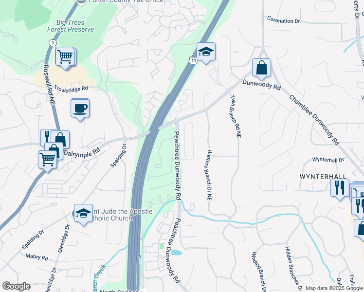 map of restaurants, bars, coffee shops, grocery stores, and more near 250 Wembley Circle in Atlanta