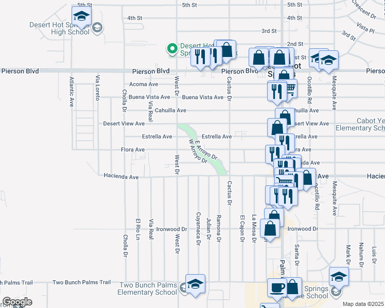map of restaurants, bars, coffee shops, grocery stores, and more near 12765 West Arroyo Drive in Desert Hot Springs