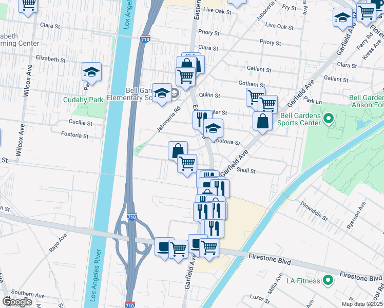 map of restaurants, bars, coffee shops, grocery stores, and more near 5732 Fostoria Street in Bell Gardens