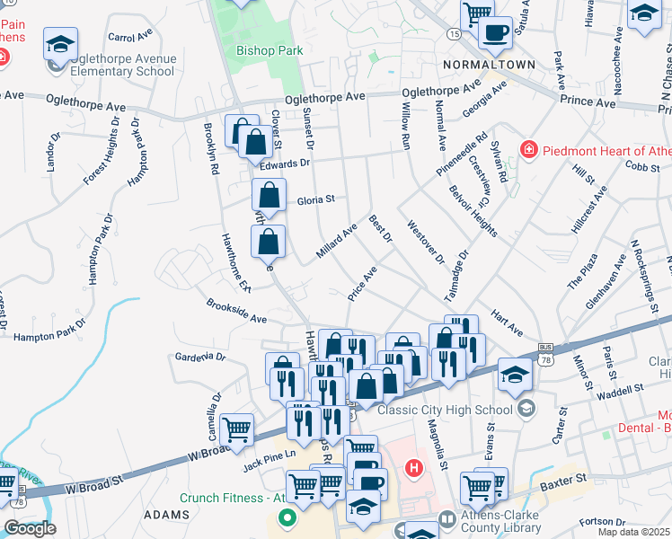 map of restaurants, bars, coffee shops, grocery stores, and more near 343 Sunset Drive in Athens