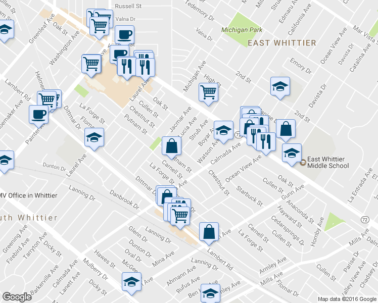 map of restaurants, bars, coffee shops, grocery stores, and more near 14013 Chestnut Street in Whittier