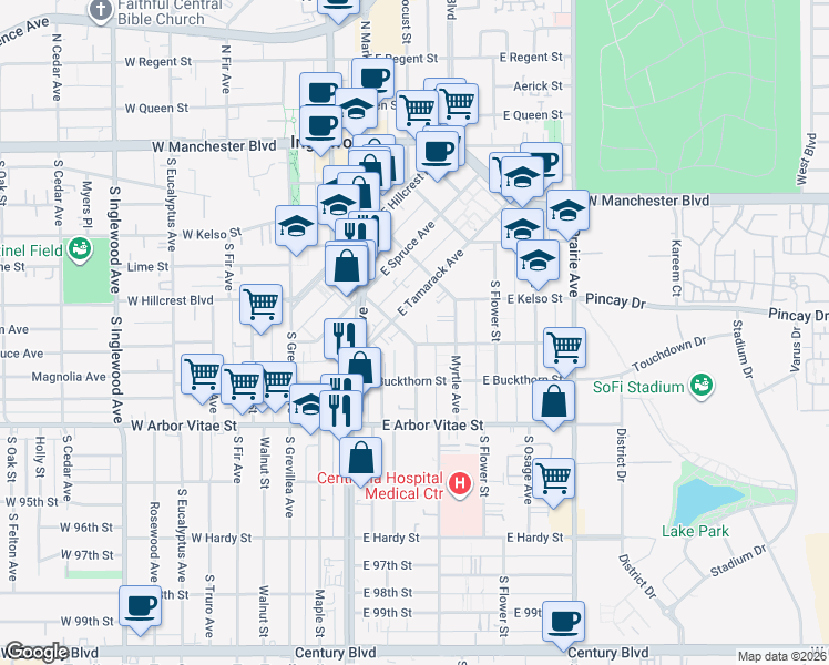 map of restaurants, bars, coffee shops, grocery stores, and more near 901 East La Palma Drive in Inglewood