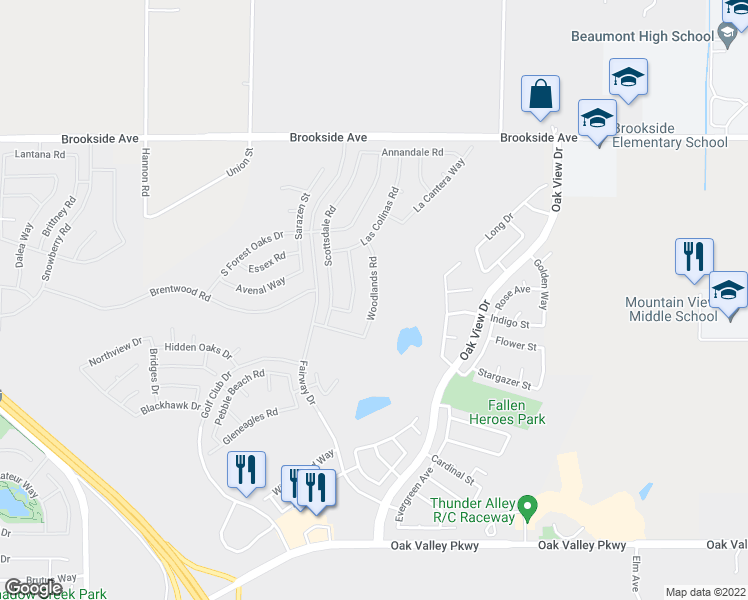 map of restaurants, bars, coffee shops, grocery stores, and more near 1642 Woodlands Drive in Banning
