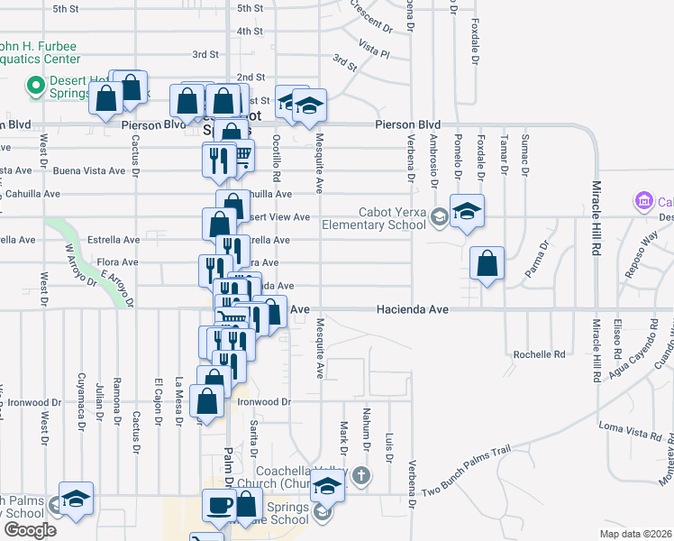 map of restaurants, bars, coffee shops, grocery stores, and more near 66795 Flora Avenue in Desert Hot Springs
