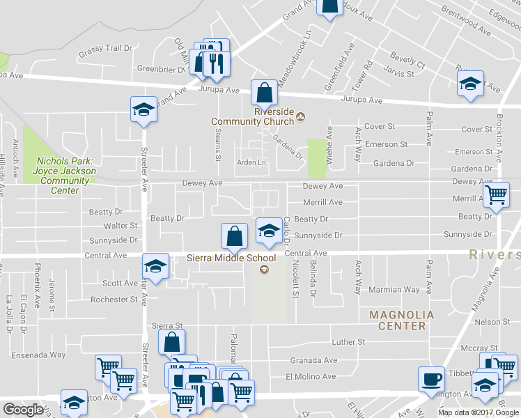 map of restaurants, bars, coffee shops, grocery stores, and more near 6371 Lionel Court in Riverside