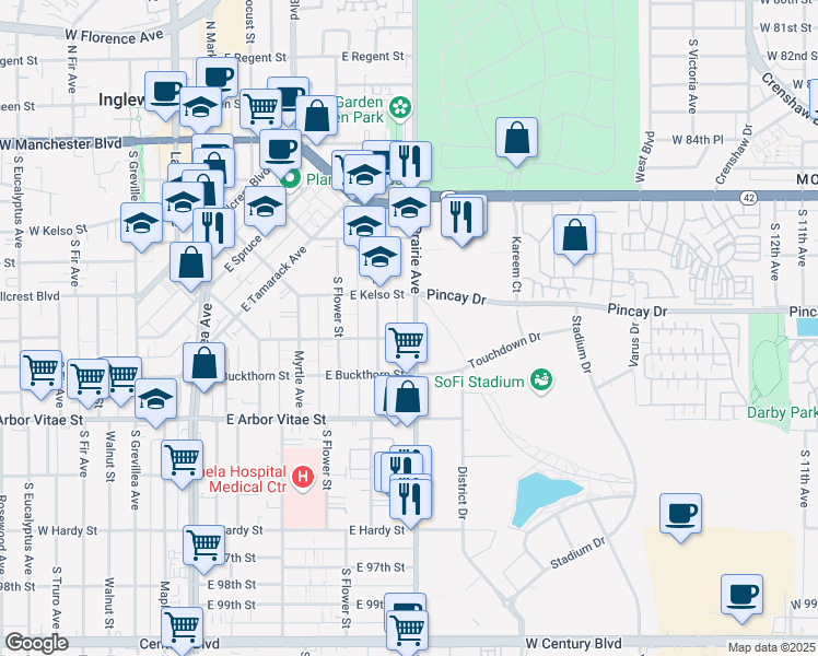 map of restaurants, bars, coffee shops, grocery stores, and more near 635 Prairie Avenue in Inglewood