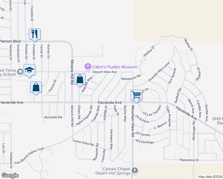 map of restaurants, bars, coffee shops, grocery stores, and more near 12845 Hidalgo Street in Desert Hot Springs