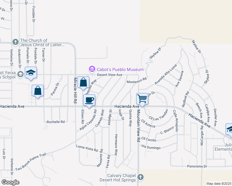 map of restaurants, bars, coffee shops, grocery stores, and more near 12845 Hidalgo Street in Desert Hot Springs
