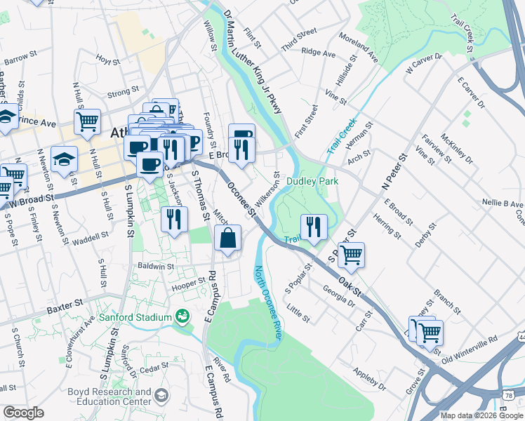 map of restaurants, bars, coffee shops, grocery stores, and more near 393 Oconee Street in Athens