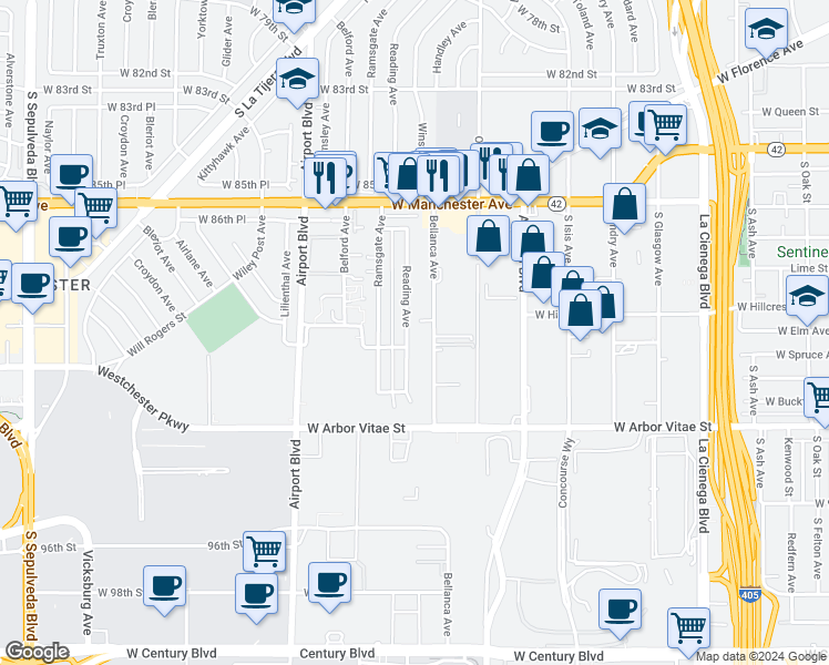 map of restaurants, bars, coffee shops, grocery stores, and more near 8928 Reading Avenue in Los Angeles