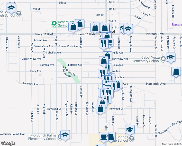 map of restaurants, bars, coffee shops, grocery stores, and more near 66375 Flora Avenue in Desert Hot Springs