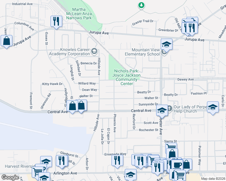 map of restaurants, bars, coffee shops, grocery stores, and more near 5631 Dean Way in Riverside