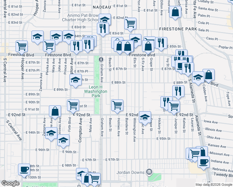 map of restaurants, bars, coffee shops, grocery stores, and more near 8906 Holmes Avenue in Los Angeles