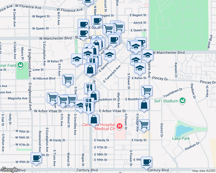 map of restaurants, bars, coffee shops, grocery stores, and more near 901 East La Palma Drive in Inglewood