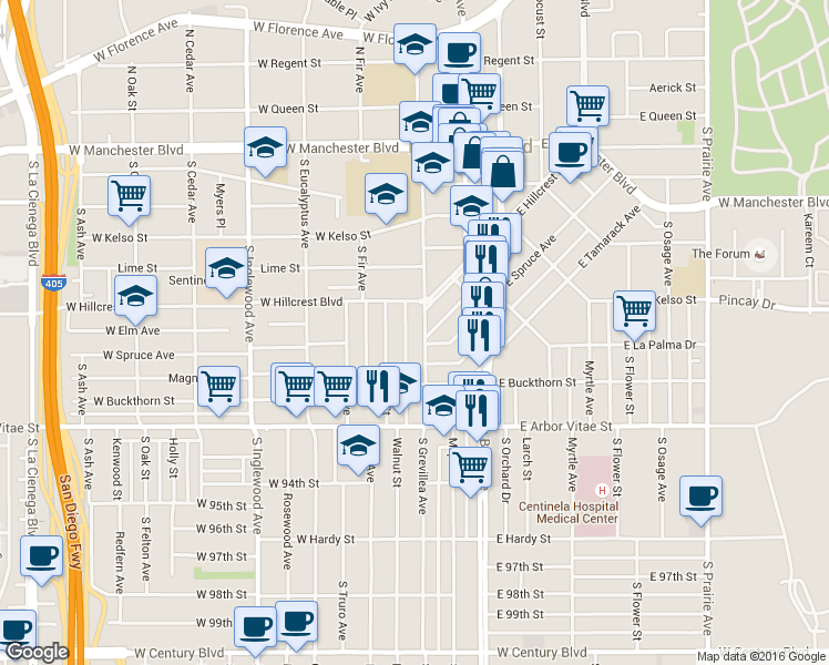 map of restaurants, bars, coffee shops, grocery stores, and more near 632 Walnut Street in Inglewood