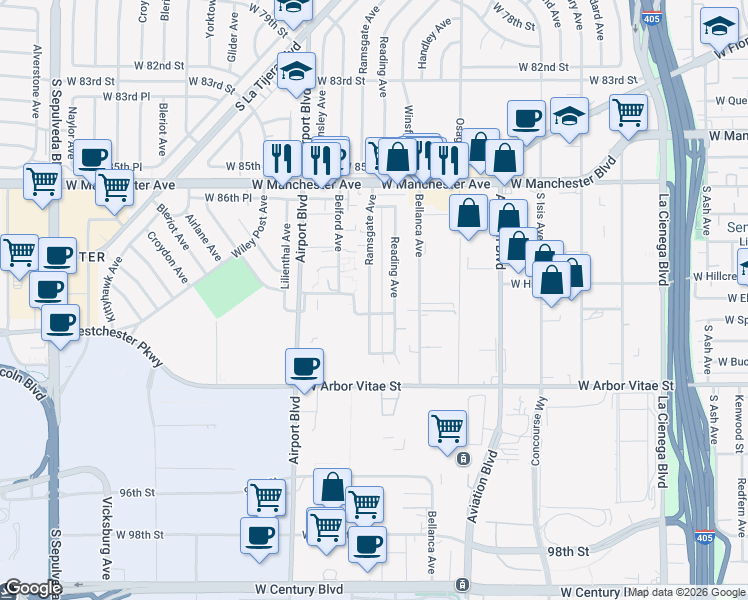 map of restaurants, bars, coffee shops, grocery stores, and more near 8931 Ramsgate Avenue in Los Angeles