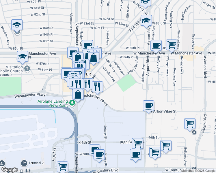 map of restaurants, bars, coffee shops, grocery stores, and more near 6121 Will Rogers Street in Los Angeles