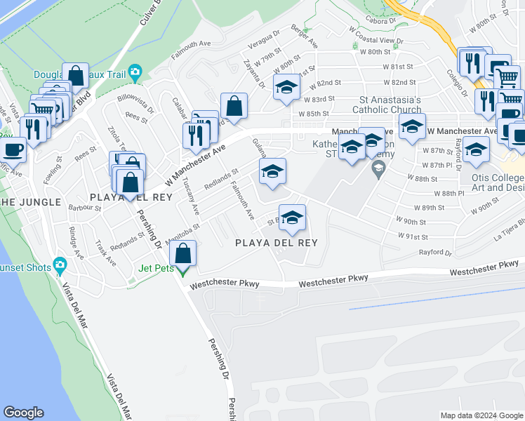 map of restaurants, bars, coffee shops, grocery stores, and more near 7755 Saint Bernard Street in Los Angeles