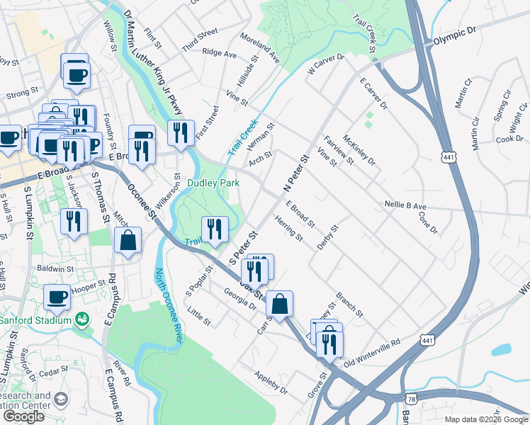 map of restaurants, bars, coffee shops, grocery stores, and more near 234 South Peter Street in Athens