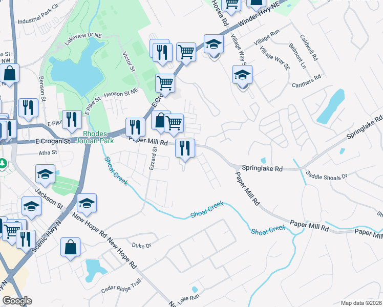 map of restaurants, bars, coffee shops, grocery stores, and more near 181 Green Bridge Court Southeast in Lawrenceville