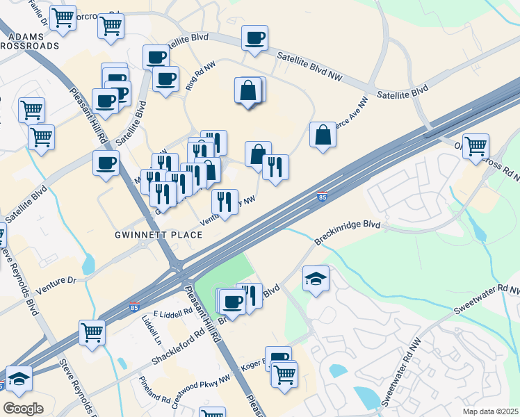 map of restaurants, bars, coffee shops, grocery stores, and more near 3390 Venture Parkway Northwest in Duluth