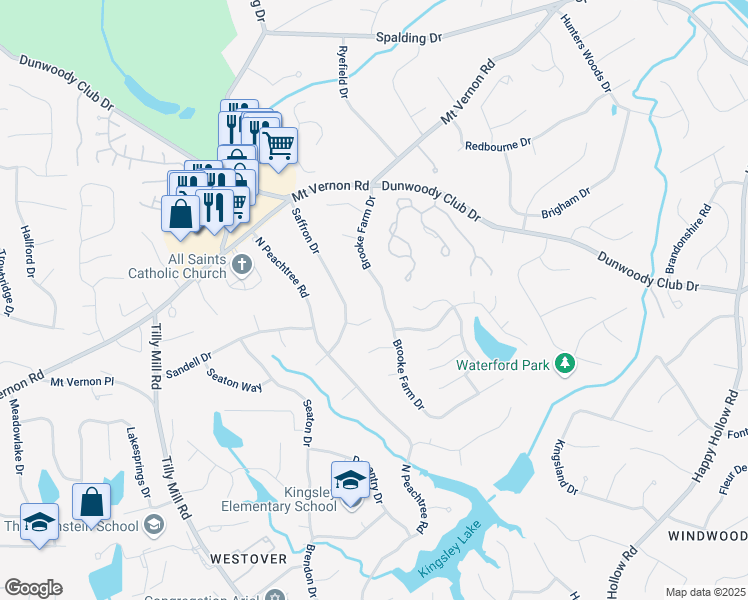map of restaurants, bars, coffee shops, grocery stores, and more near 5318 Brooke Farm Drive in Dunwoody