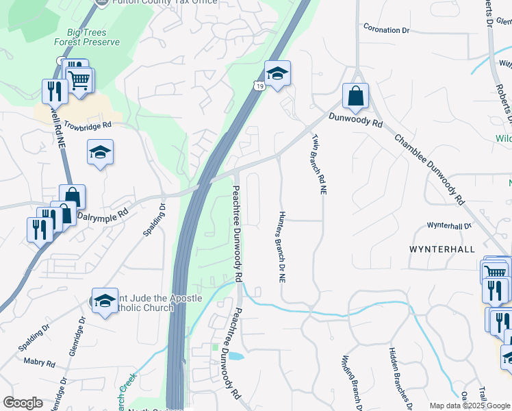 map of restaurants, bars, coffee shops, grocery stores, and more near 445 Wembley Circle in Atlanta