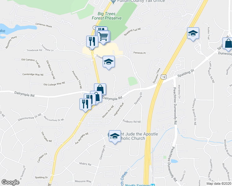 map of restaurants, bars, coffee shops, grocery stores, and more near 700 Dalrymple Road in Sandy Springs