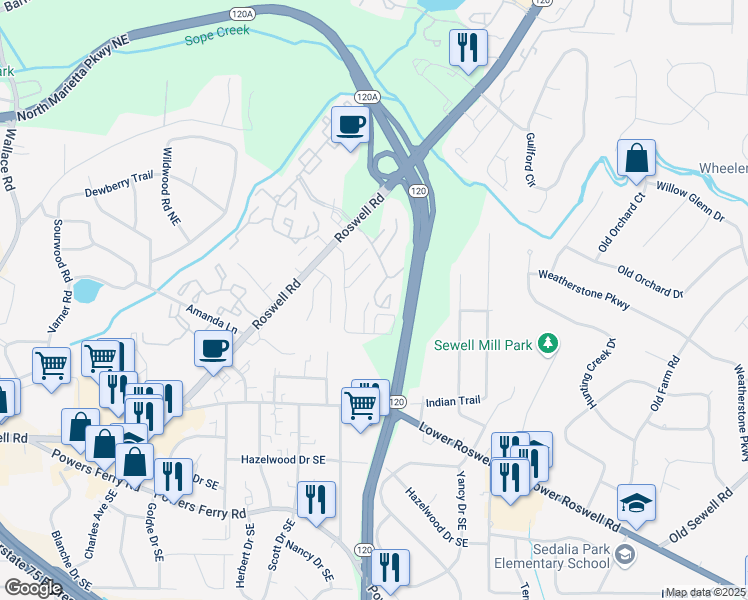 map of restaurants, bars, coffee shops, grocery stores, and more near 440-1098 Summit Forest Drive in Marietta