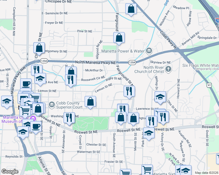 map of restaurants, bars, coffee shops, grocery stores, and more near 466 Lemon Street NE in Marietta