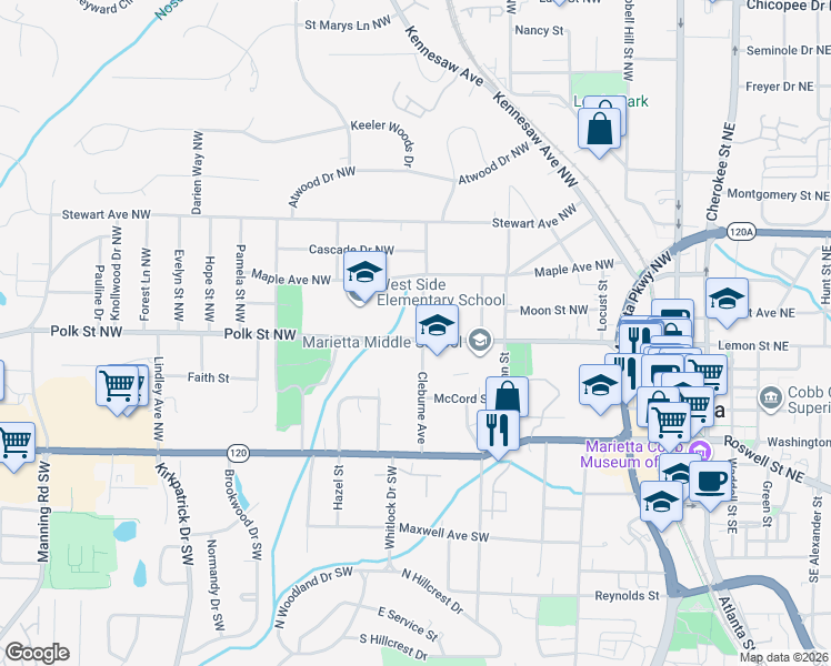 map of restaurants, bars, coffee shops, grocery stores, and more near 157 Cleburne Avenue Northwest in Marietta