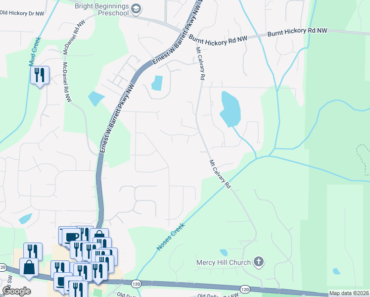 map of restaurants, bars, coffee shops, grocery stores, and more near 25 Bellemere Court Northwest in Marietta