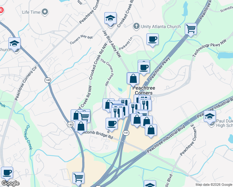 map of restaurants, bars, coffee shops, grocery stores, and more near 3445 Kiveton Drive in Norcross