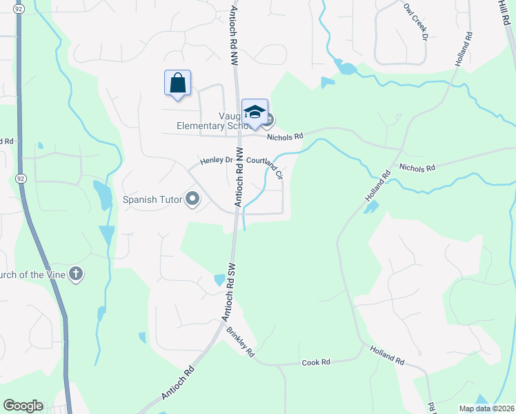 map of restaurants, bars, coffee shops, grocery stores, and more near 105 Courtland Circle in Powder Springs