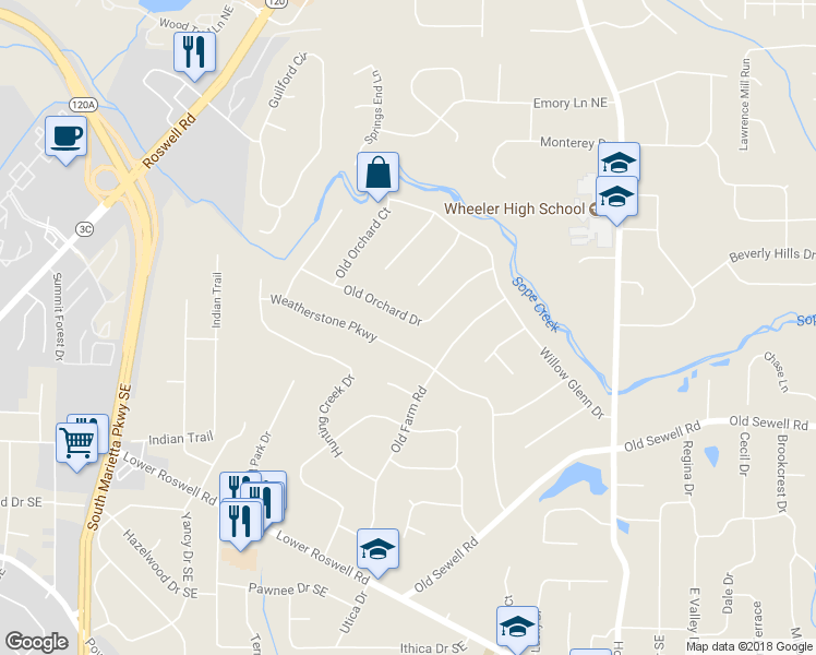 map of restaurants, bars, coffee shops, grocery stores, and more near 2270 Old Orchard Drive in Marietta