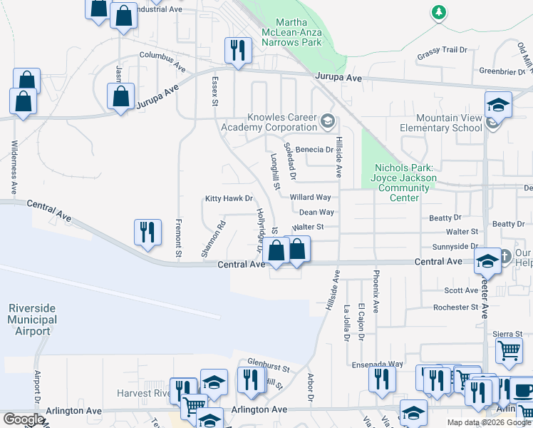 map of restaurants, bars, coffee shops, grocery stores, and more near 6460 Hollyridge Drive in Riverside