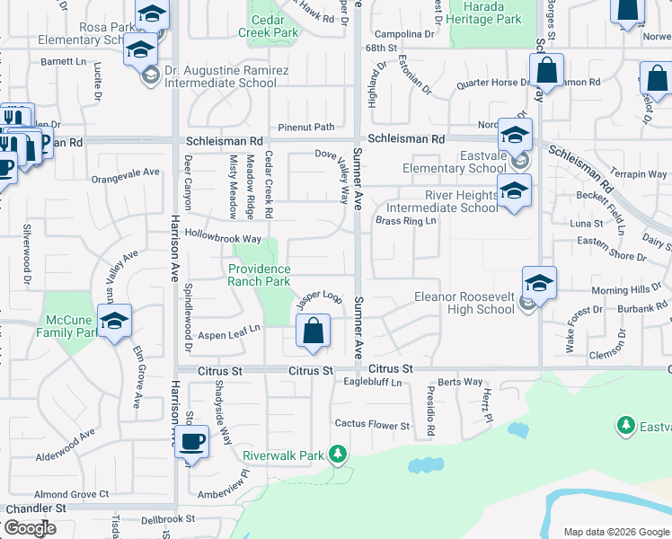 map of restaurants, bars, coffee shops, grocery stores, and more near 13490 Quail Run Road in Corona