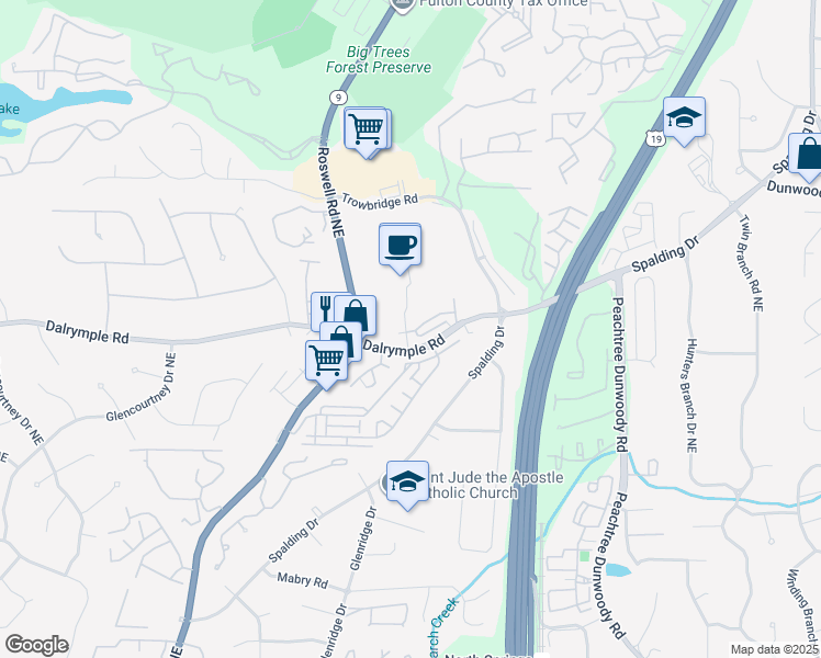 map of restaurants, bars, coffee shops, grocery stores, and more near 700 Dalrymple Road in Sandy Springs