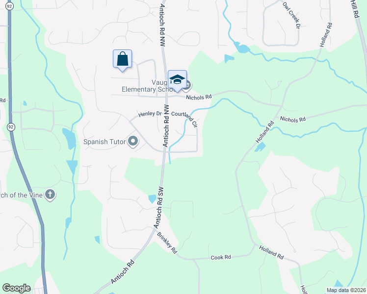 map of restaurants, bars, coffee shops, grocery stores, and more near 105 Courtland Circle in Powder Springs