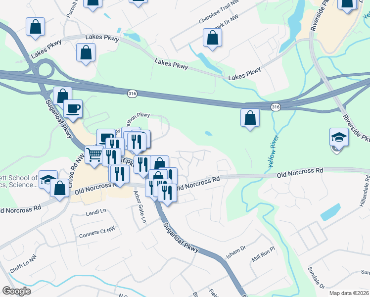 map of restaurants, bars, coffee shops, grocery stores, and more near 531 Trace Lane in Lawrenceville