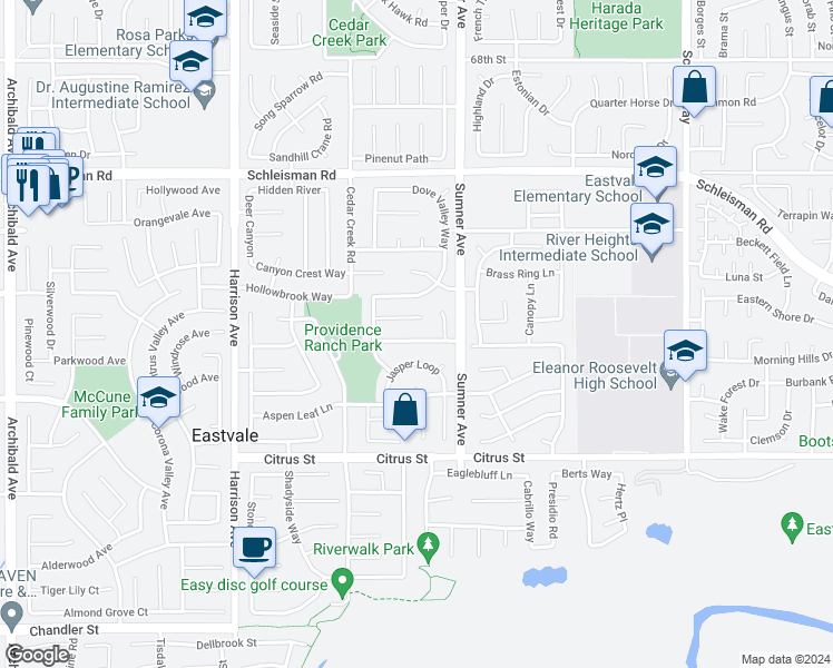 map of restaurants, bars, coffee shops, grocery stores, and more near 13490 Quail Run Road in Corona