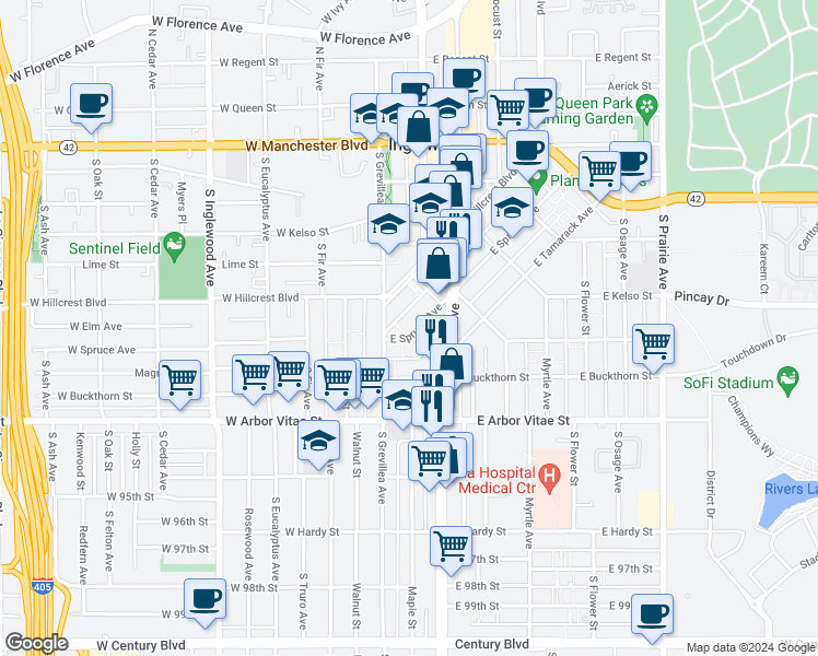 map of restaurants, bars, coffee shops, grocery stores, and more near 125 East Spruce Avenue in Inglewood