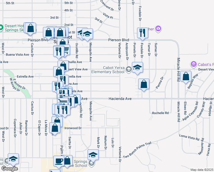 map of restaurants, bars, coffee shops, grocery stores, and more near 66895 Flora Avenue in Desert Hot Springs