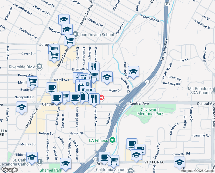 map of restaurants, bars, coffee shops, grocery stores, and more near 6200 Riverside Avenue in Riverside