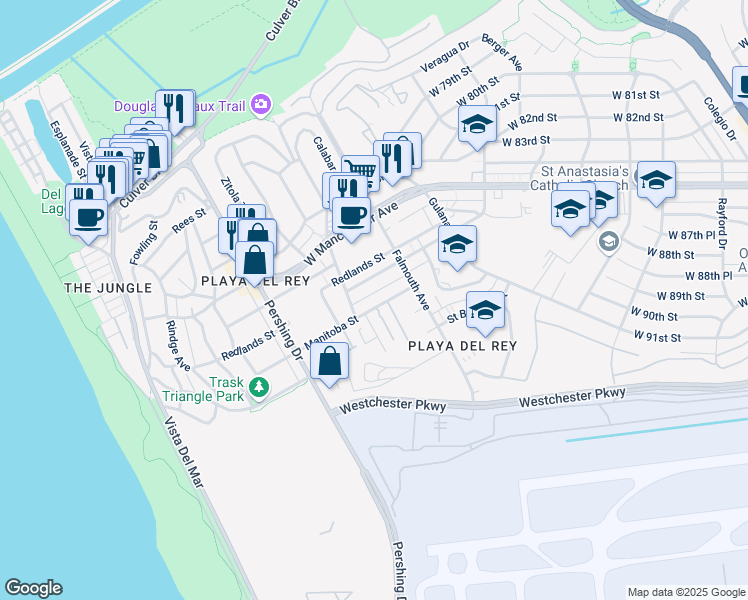 map of restaurants, bars, coffee shops, grocery stores, and more near 8150 Manitoba Street in Los Angeles