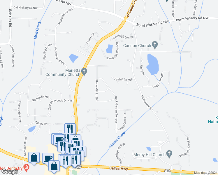 map of restaurants, bars, coffee shops, grocery stores, and more near 245 Rock Garden Terrace in Marietta
