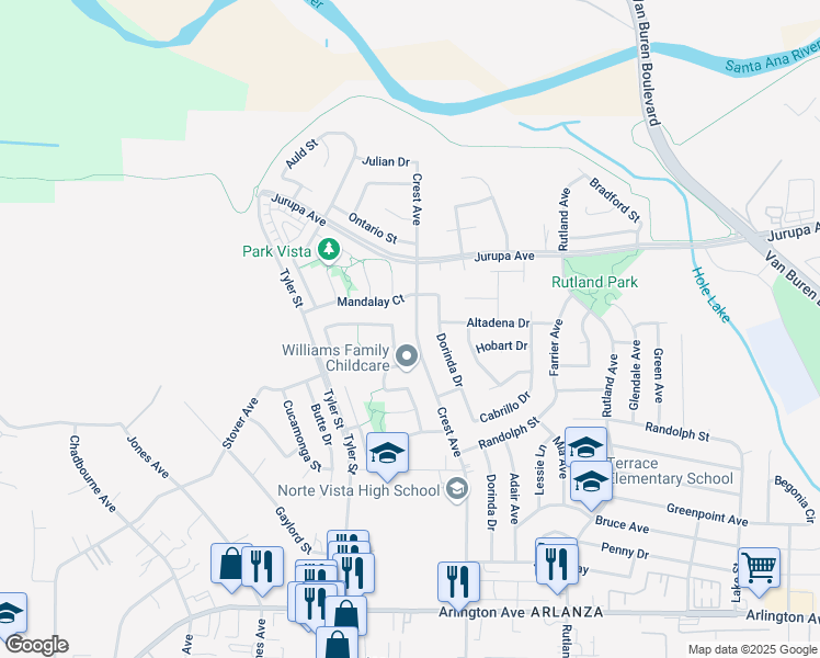 map of restaurants, bars, coffee shops, grocery stores, and more near 6897 Crest Avenue in Riverside