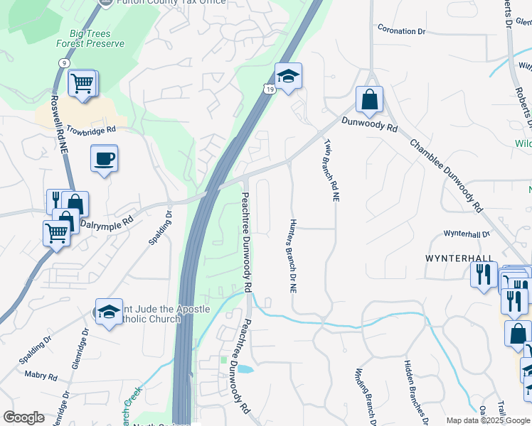 map of restaurants, bars, coffee shops, grocery stores, and more near 445 Wembley Cir in Atlanta