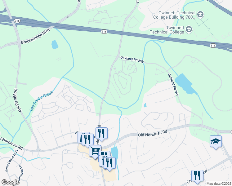 map of restaurants, bars, coffee shops, grocery stores, and more near 1360 Sugar Glen Court in Lawrenceville